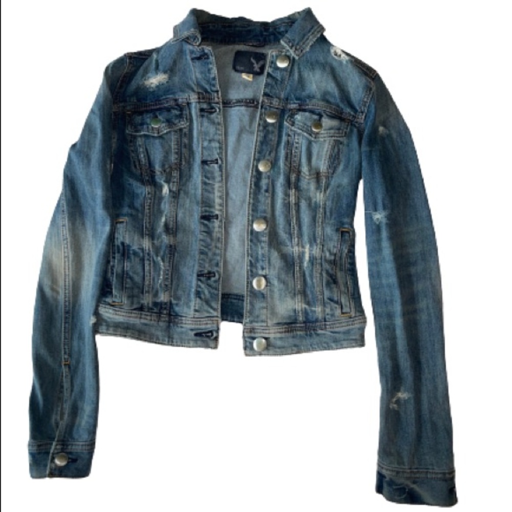 American Eagle distressed, medium wash denim jacket.